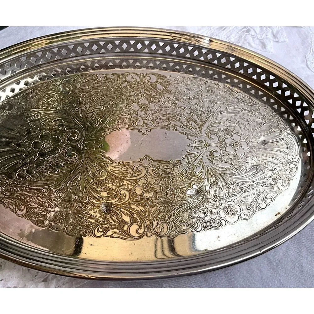 Sheffield Silver Co Vintage oval etched tray pierced sides beautiful
